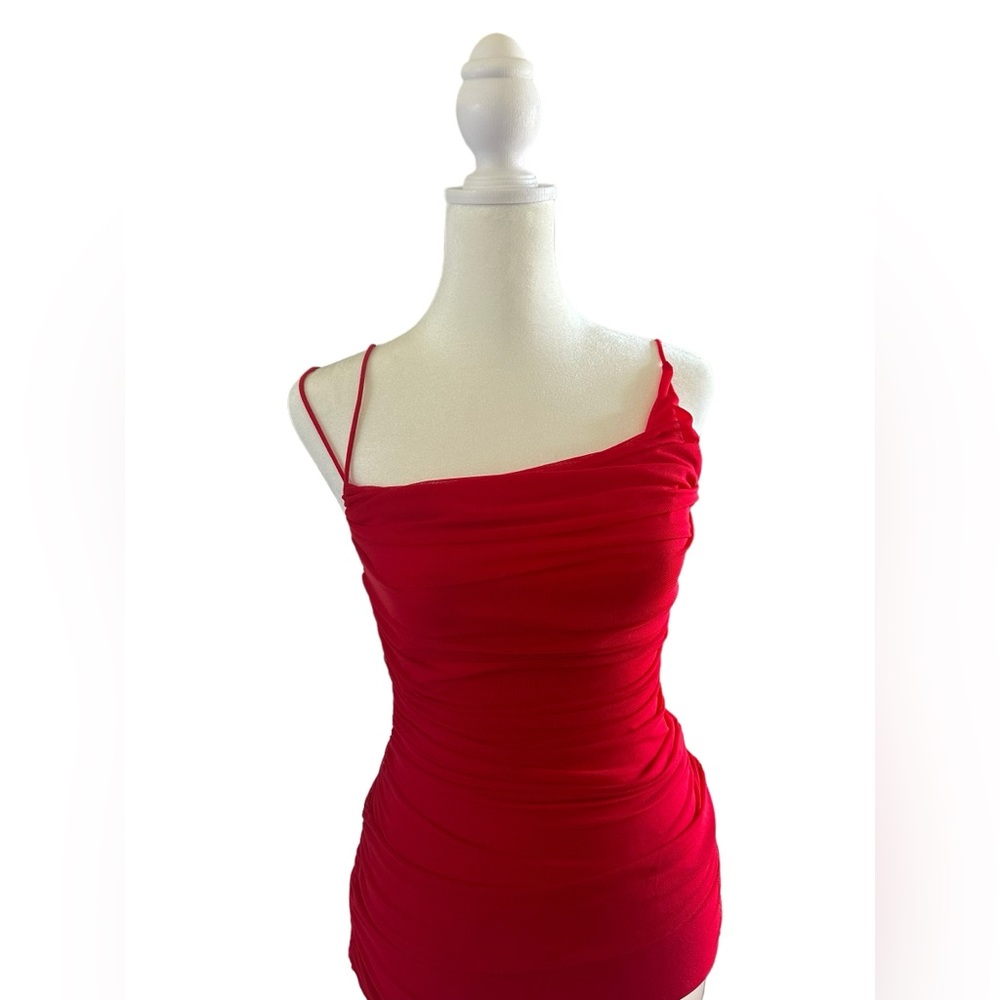Red Ruched Bodycon Dress - Picture 2 of 8
